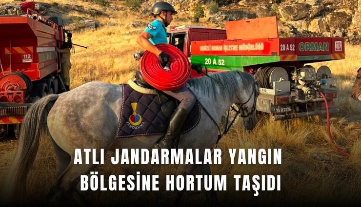 Atlı jandarmalar yangın bölgesine hortum taşıdı